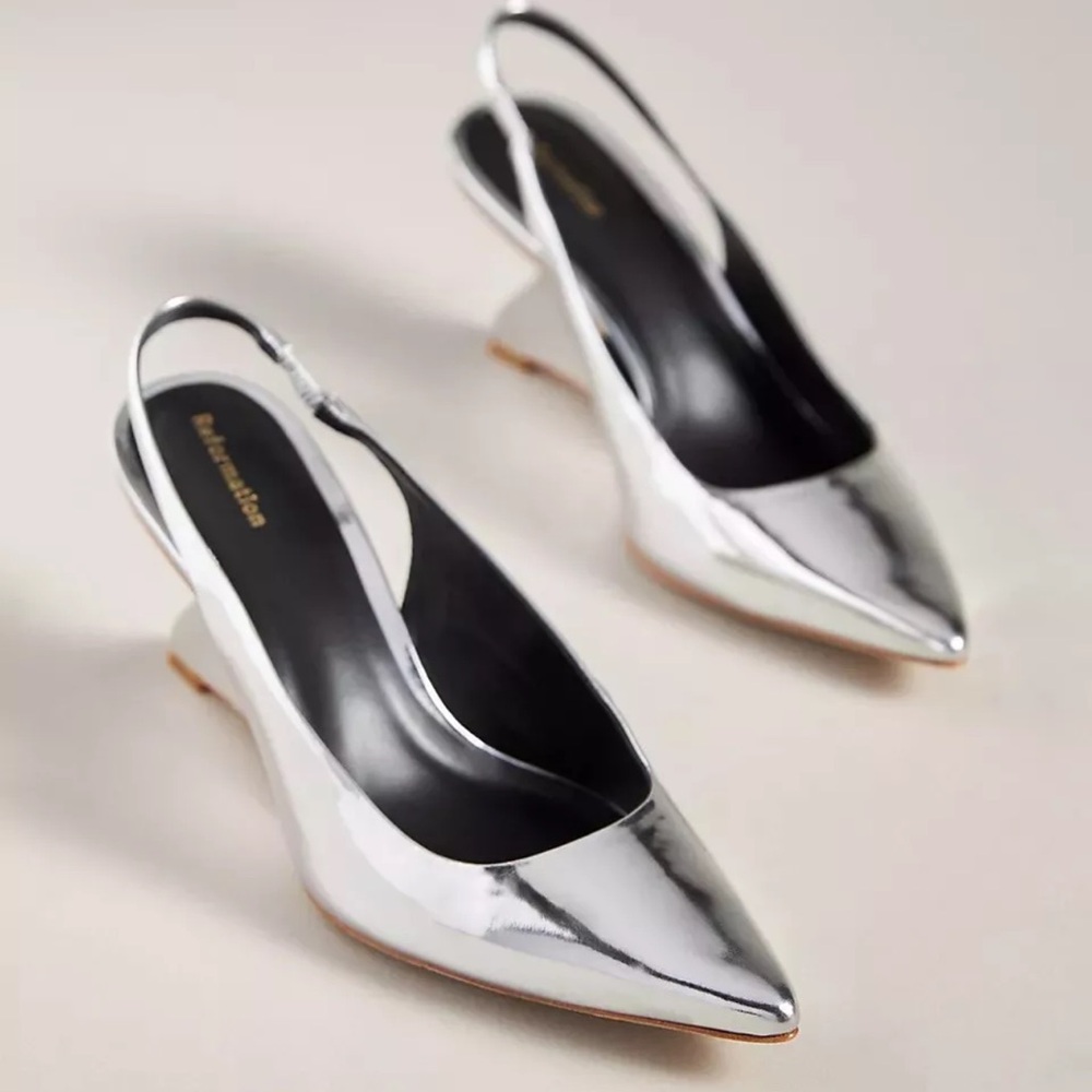 Reformation Westlyn Closed Toe Wedge Silver 9.5 Kitten Heel